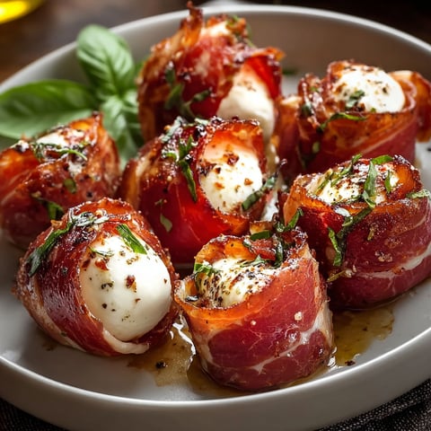 A plate of beef prosciutto wrapped mozzarella bites.