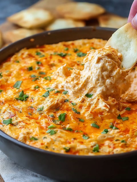 A person is scooping up some creamy buffalo chicken dip.