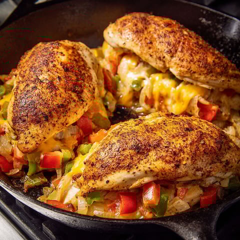 A pan of Cajun-stuffed chicken.