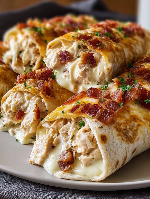 A plate of bacon wrapped chicken with cheese.