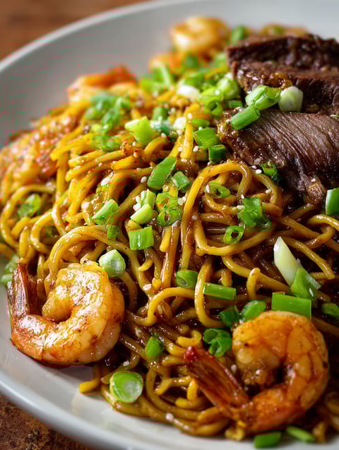 A plate of steak and shrimp teriyaki noodles.