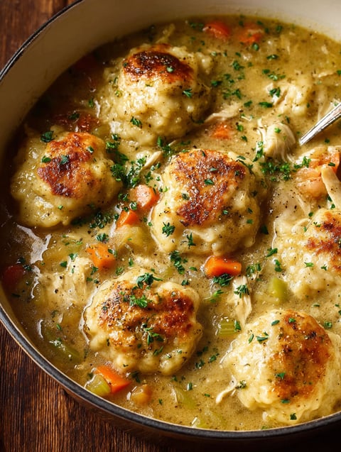 A bowl of chicken and dumplings.