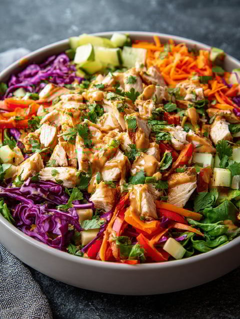 A bowl of Thai chicken salad with peanut dressing.
