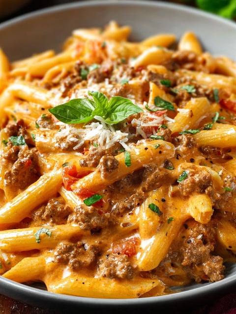 A plate of pasta with meat and vegetables.