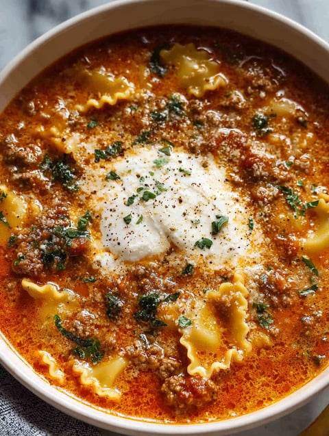A close up of a delicious one pot lasagna soup.