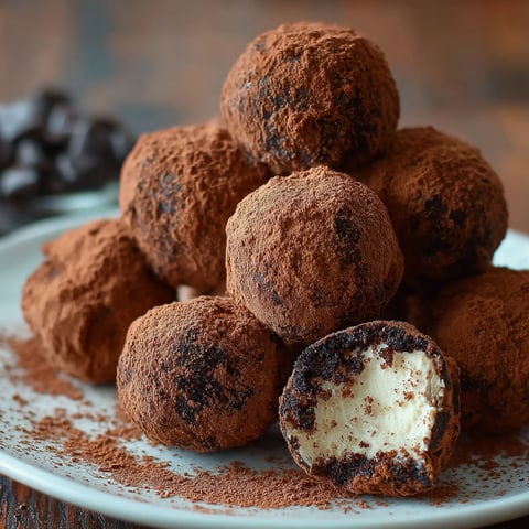 A plate of chocolate truffles with white cream filling.