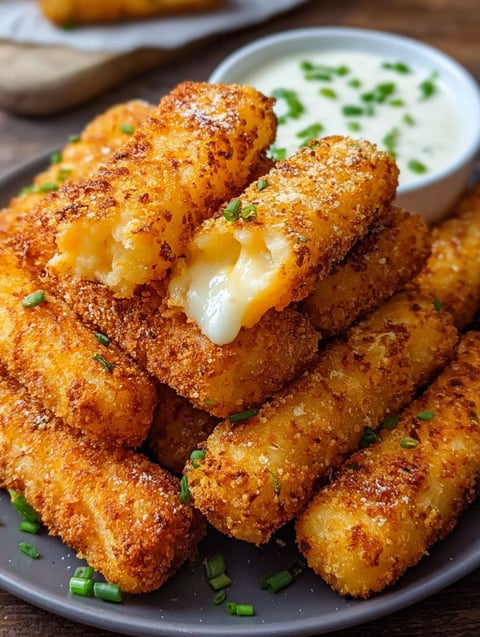 A plate of crispy potato cheese sticks.