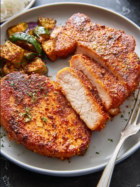 Air fryer pork chops with a side of vegetables.