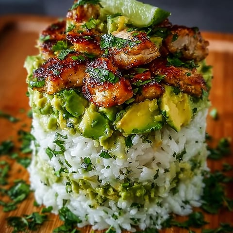 A stack of rice with chicken and avocado on top.