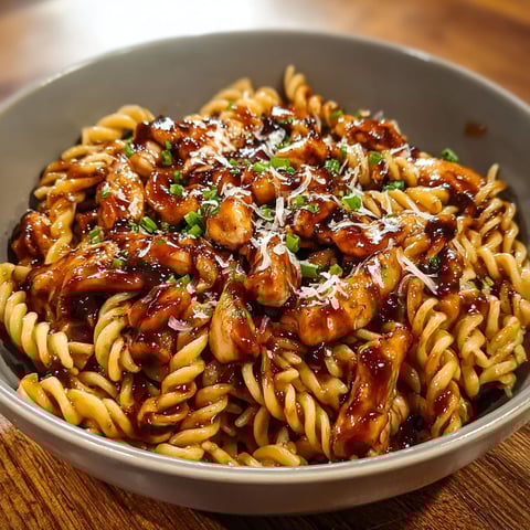A bowl of BBQ chicken pasta.