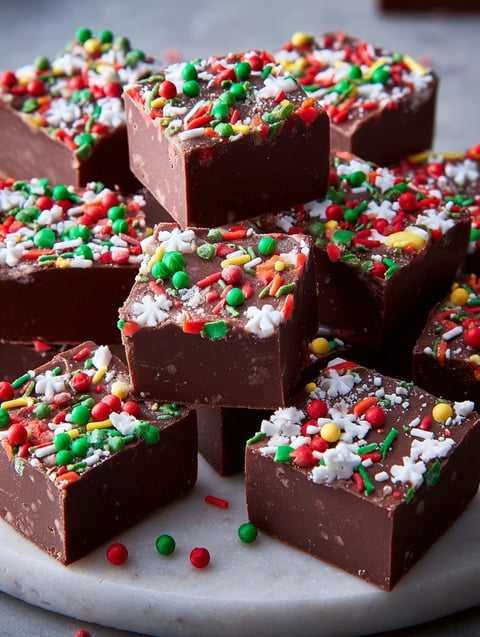 A plate of Christmas fudge with sprinkles.