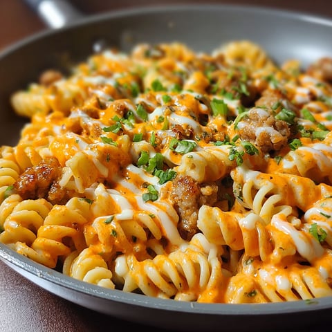 A pan of creamy buffalo ranch sausage rotini.