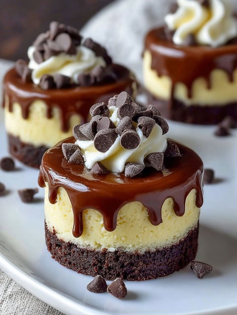 Three mini cheesecakes with chocolate toppings.