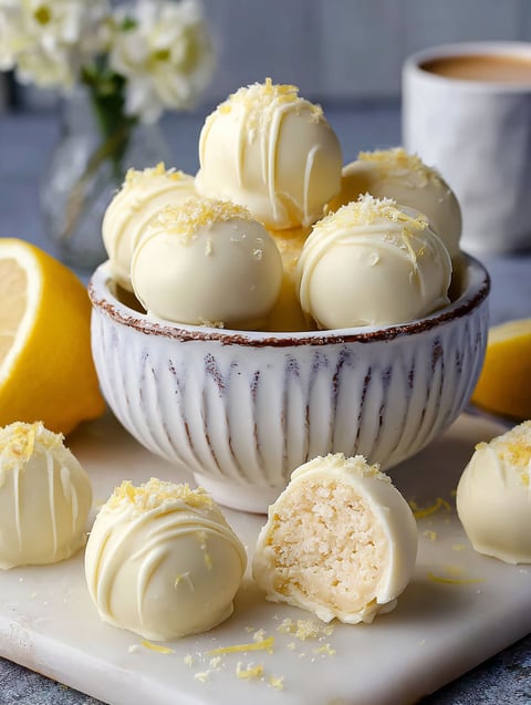 A bowl of lemon truffles with a lemon wedge on the side.