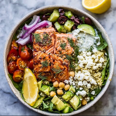 A bowl of Mediterranean Salmon Bowl.