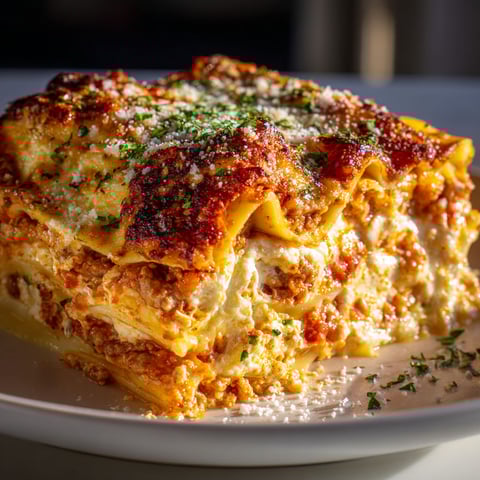 A plate of rich creamy lasagna.
