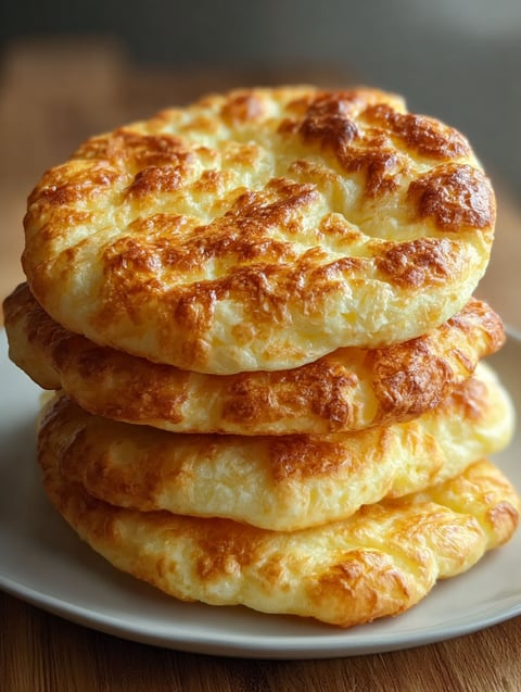 Three stacks of fluffy cottage cheese cloud bread.