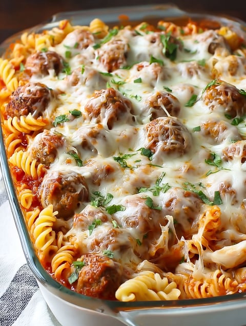 A casserole with meatballs and noodles.