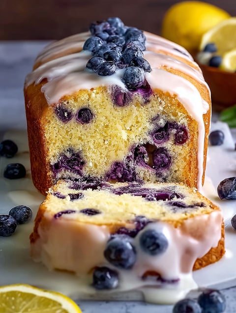 A slice of lemon blueberry pound cake.