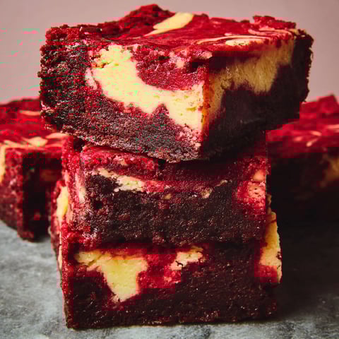 Three pieces of red velvet cheesecake brownies.
