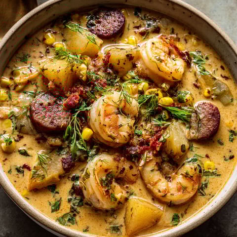 A bowl of soup with shrimp and potatoes.