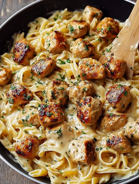 A dish of garlic butter chicken bites with creamy parmesan pasta.
