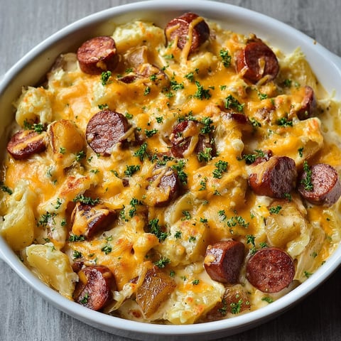 A bowl of food with sausage and potatoes.