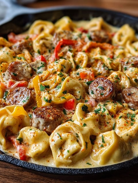 A delicious meal of pasta with meat and vegetables.