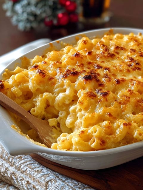 A creamy baked macaroni and cheese dish.