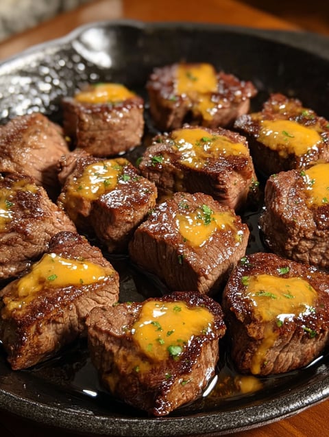 A pan of Texas Roadhouse-Inspired Cheesy Butter Steak Bites.