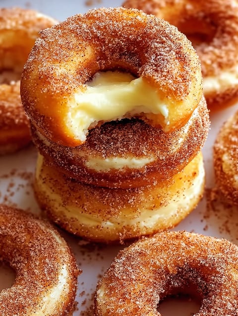 A stack of churro cheesecake donuts.