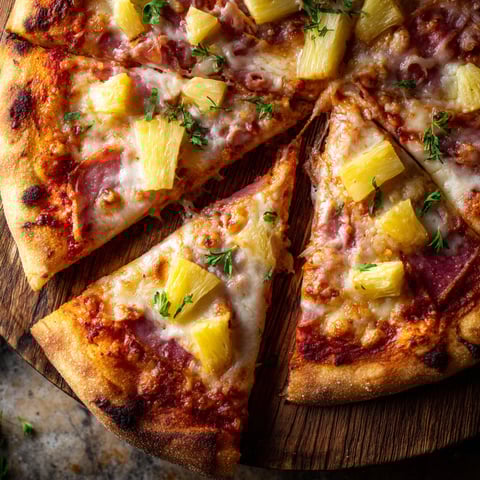 A slice of pizza with pineapple and ham.