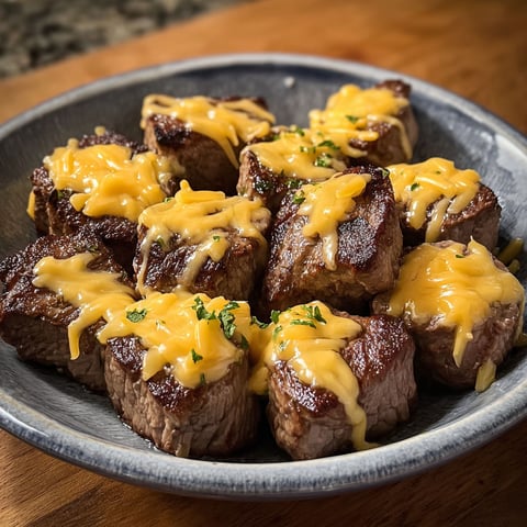 A plate of Texas Roadhouse-Inspired Cheesy Butter Steak Bites.