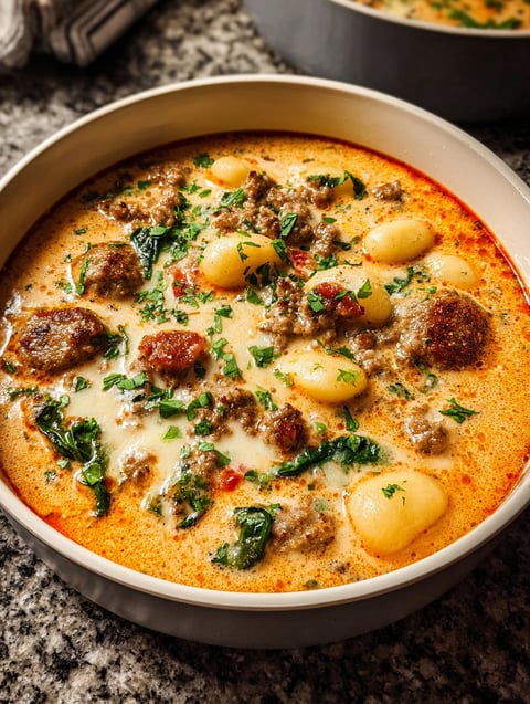 A bowl of soup with meat and vegetables.