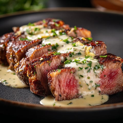 A juicy steak with creamy garlic sauce.