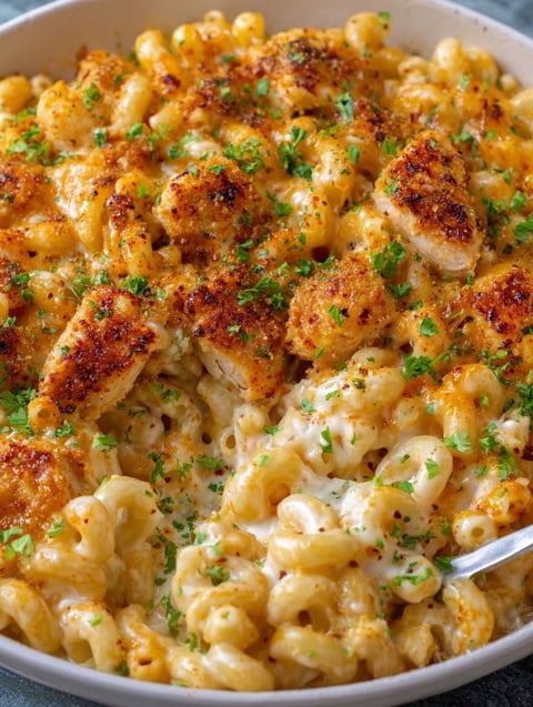 A close up of a delicious Cajun Chicken Mac and Cheese.