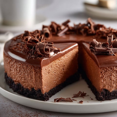 A slice of chocolate cheesecake on a plate.