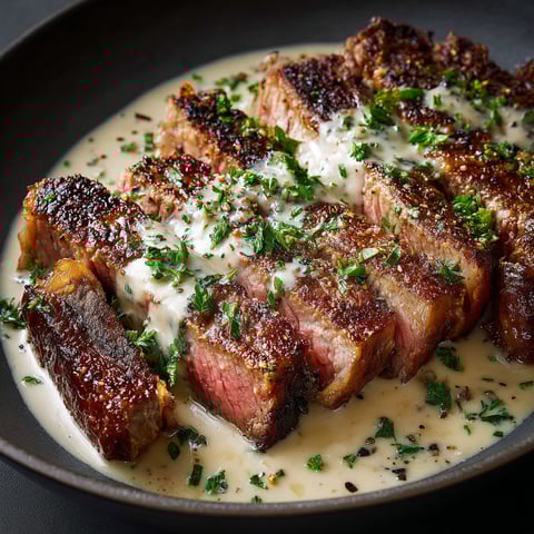 A juicy steak with creamy garlic sauce.
