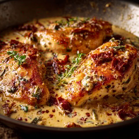 A delicious looking skillet Sicilian chicken dish.
