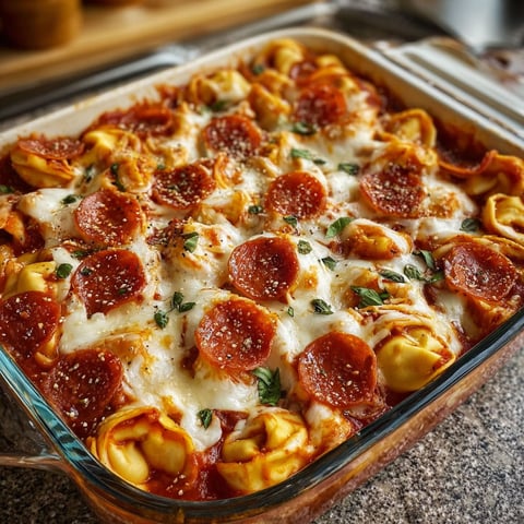 A delicious looking casserole with pepperoni and cheese.