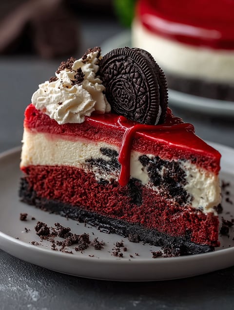 A slice of red velvet cheesecake with a cookie on top.