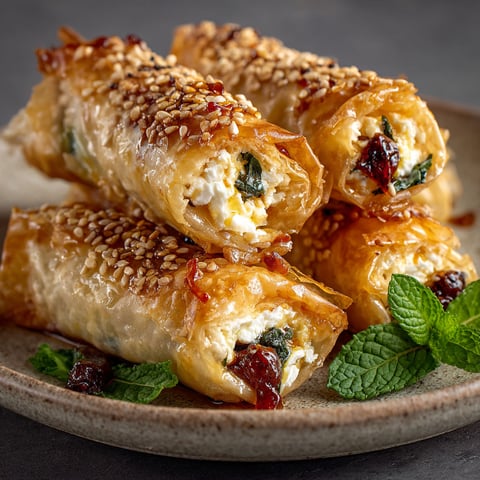 A plate of oven fried feta rolls with chili honey.