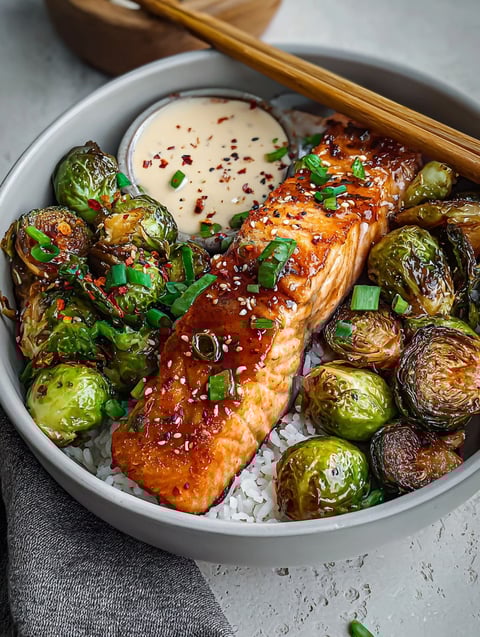 A bowl of food with salmon and brussels sprouts.
