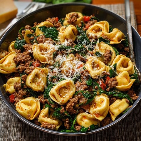 A bowl of pasta with meat and spinach.