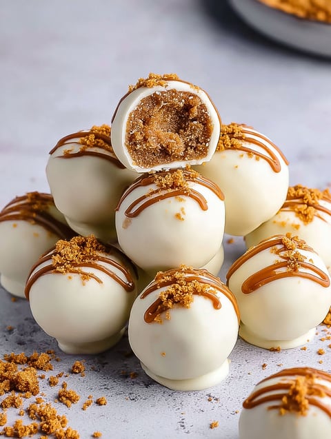 A stack of No-Bake Biscoff Cookie Truffles.