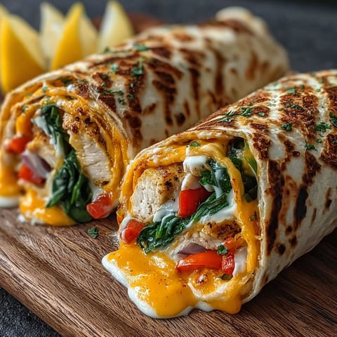A cheesy chicken wrap on a wooden cutting board.