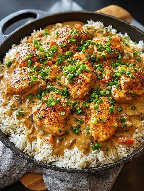 A delicious meal of smothered chicken and rice.