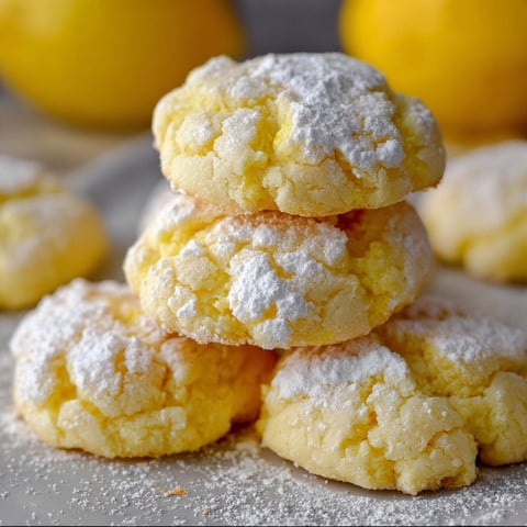 Lemon gooey butter cookies stacked on a plate.