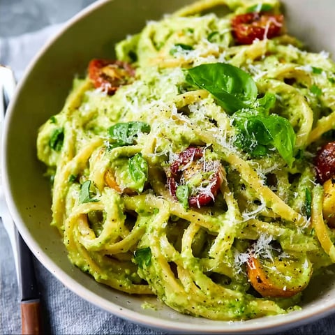 A bowl of creamy pasta with tomatoes and spinach.