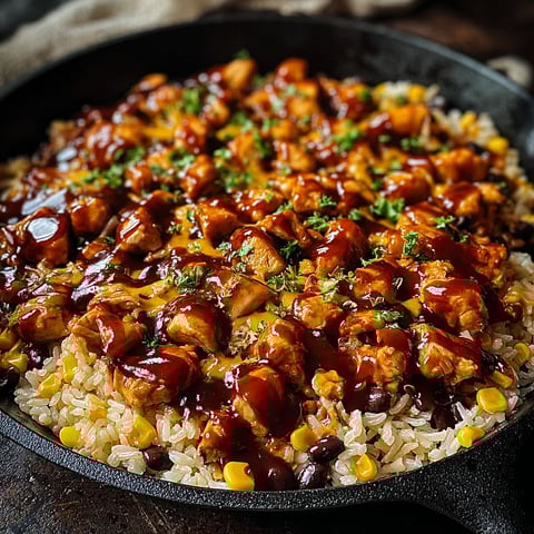 A skillet filled with rice, chicken, and corn.